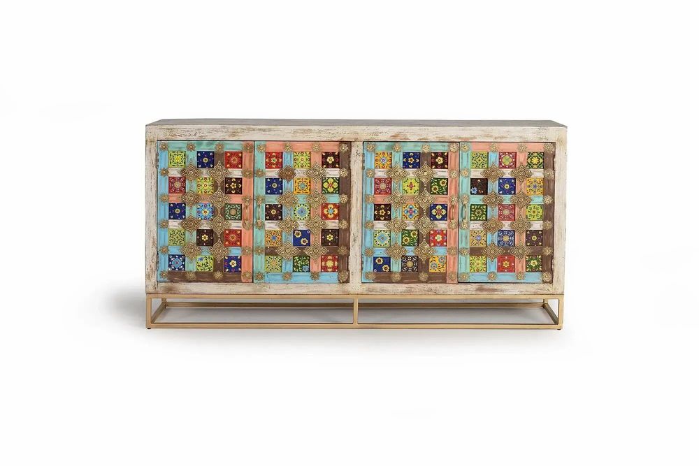 Sideboards - Mango wood sideboard with maiolica details and metal legs - GINER Y COLOMER