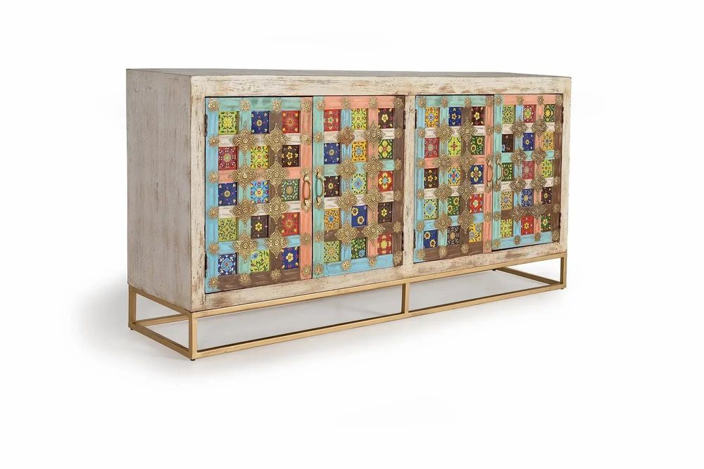 Sideboards - Mango wood sideboard with maiolica details and metal legs - GINER Y COLOMER