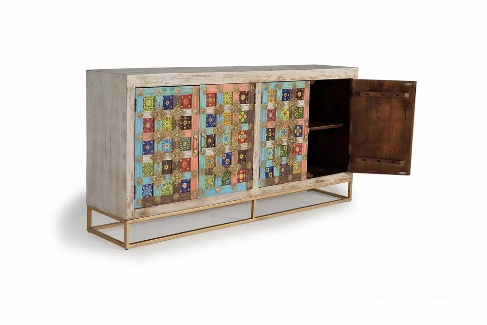 Sideboards - Mango wood sideboard with maiolica details and metal legs - GINER Y COLOMER
