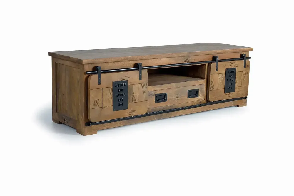 TV stands - Industrial style mango wood TV cabinet with two doors - GINER Y COLOMER