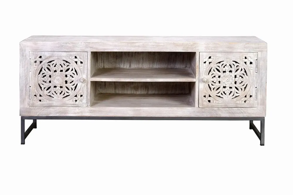 TV stands - Mango wood TV cabinet and aged white metal legs - GINER Y COLOMER
