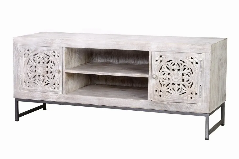 TV stands - Mango wood TV cabinet and aged white metal legs - GINER Y COLOMER