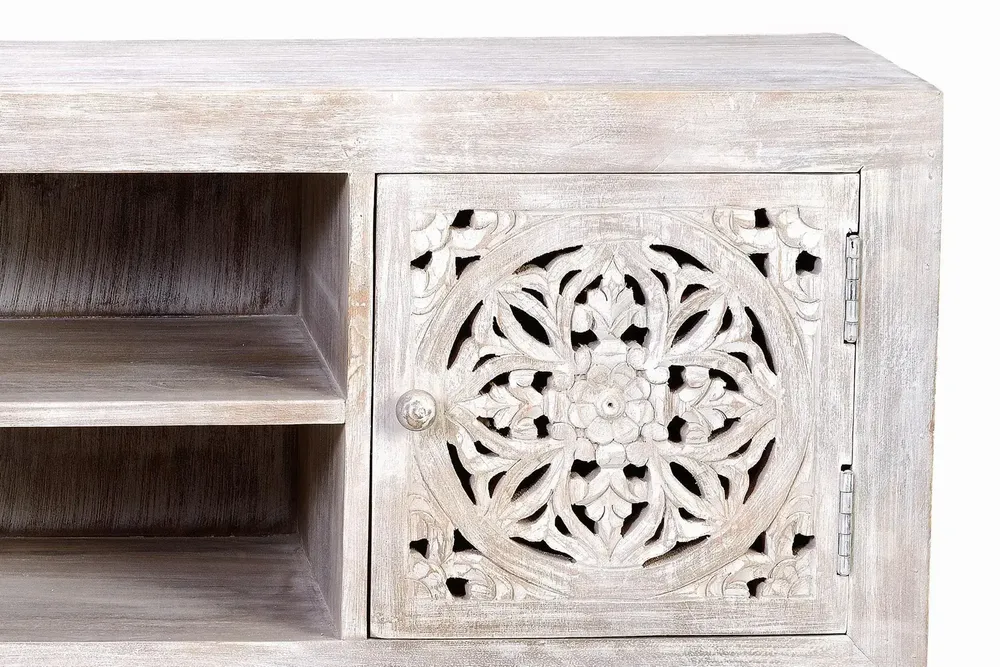 TV stands - Mango wood TV cabinet and aged white metal legs - GINER Y COLOMER