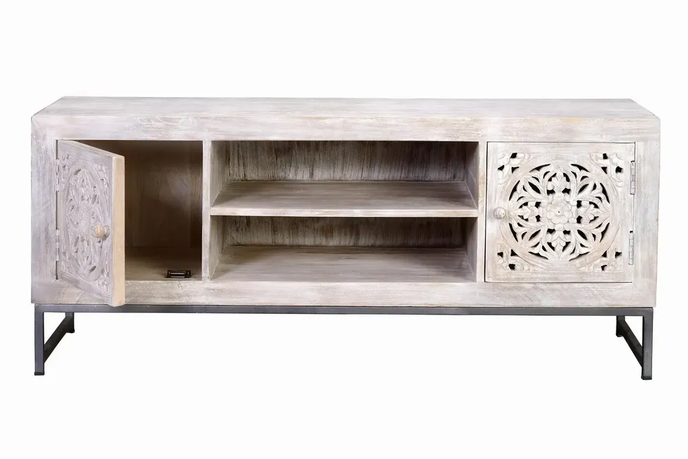 TV stands - Mango wood TV cabinet and aged white metal legs - GINER Y COLOMER