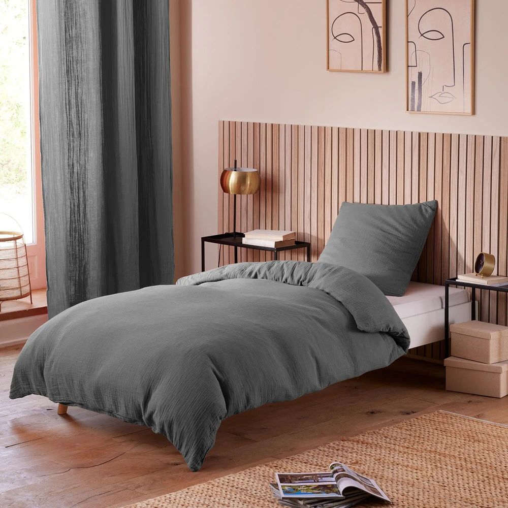 Linge de lit - Pack Housse de couette Complet 3 Pièces Gaze de Coton 140 x 200 cm Dh 90 Ardoise - COTON PUR