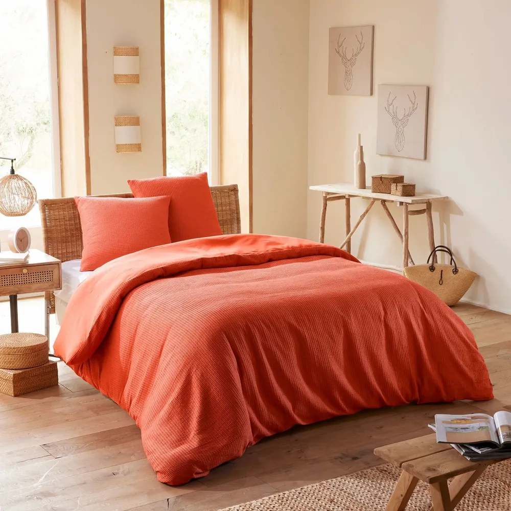 Bed linens - Duvet set 240x220cm + 2 pillowcases 65X65cm honeycomb Terracotta - COTON PUR