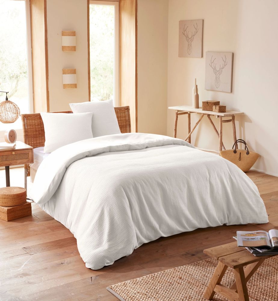 Bed linens - Duvet set 260x240cm + 2 pillowcases 65X65cm honeycomb Snow - COTON PUR