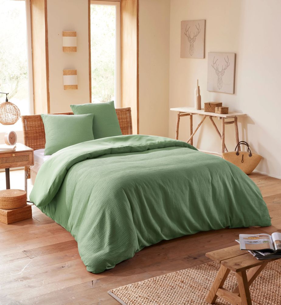 Linge de lit - Parure de couette 260x240cm + 2 taies d'oreiller 65X65cm nid d'abeille Olive - COTON PUR