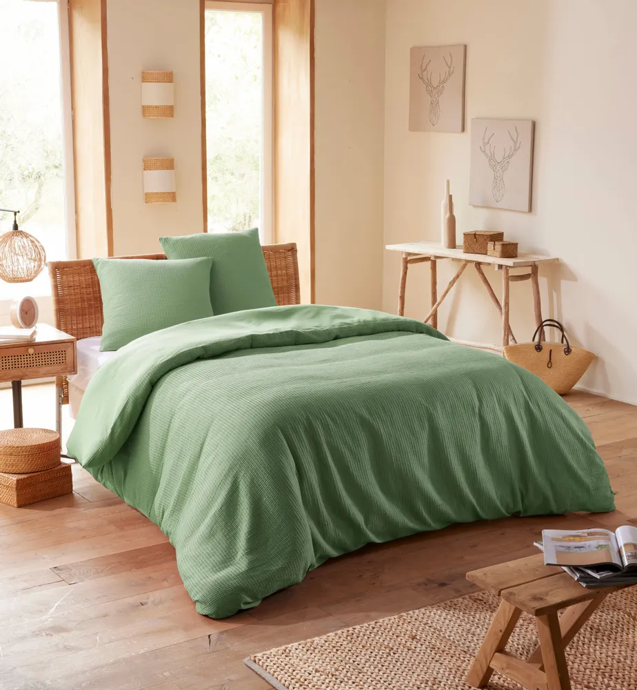 Linge de lit - Parure de couette 260x240cm + 2 taies d'oreiller 65X65cm nid d'abeille Olive - COTON PUR
