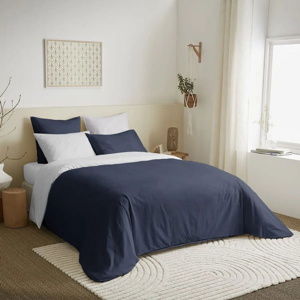 Linge de lit - Pack Complet Housse de couette Bicolore 240 x 260 cm - Drap housse 180 x 200 cm King Size - 100% Coton 57 Fils - COTON PUR