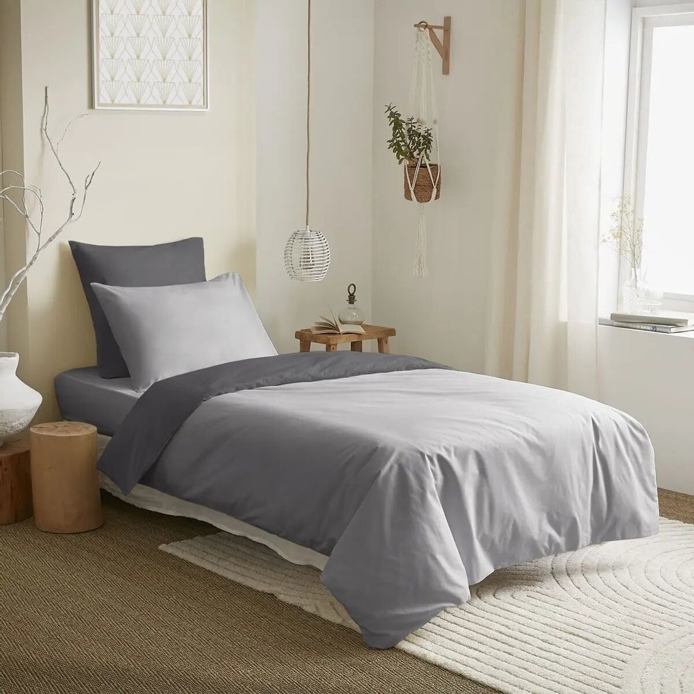 Linge de lit - Pack Complet Housse de couette Bicolore 140 x 200 cm - Drap housse 90 x 190 cm - 100% Coton 57 Fils - COTON PUR