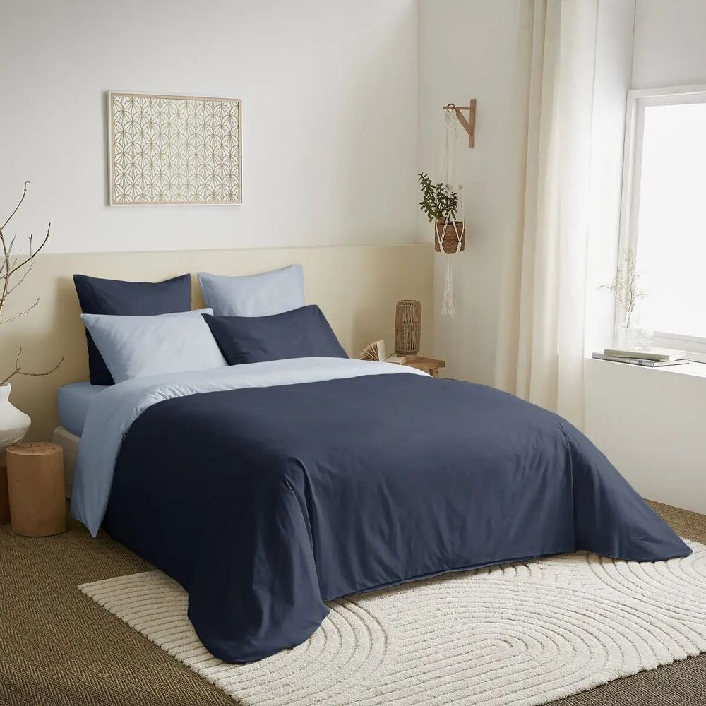 Linge de lit - Pack Complet Housse de couette Bicolore 220 x 240 cm - Drap housse 160 x 200 cm - 100% Coton 57 Fils - COTON PUR