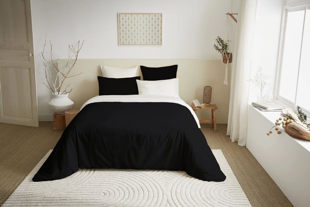 Linge de lit - Pack Complet Housse de couette Bicolore 240 x 260 cm - Drap housse 180 x 200 cm King Size - 100% Coton 57 Fils - COTON PUR
