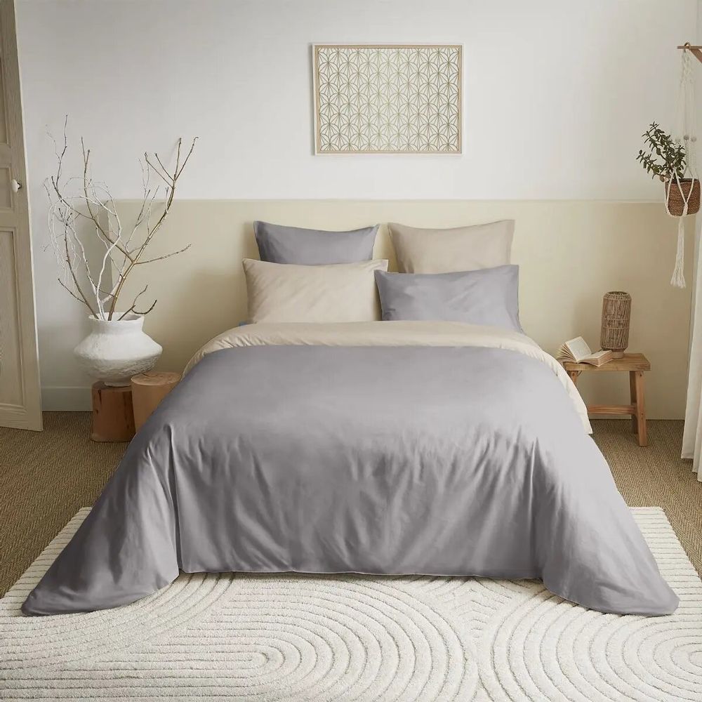 Linge de lit - Pack Complet Housse de couette Bicolore 220 x 240 cm - Drap housse 140 x 190 cm - 100% Coton 57 Fils - COTON PUR
