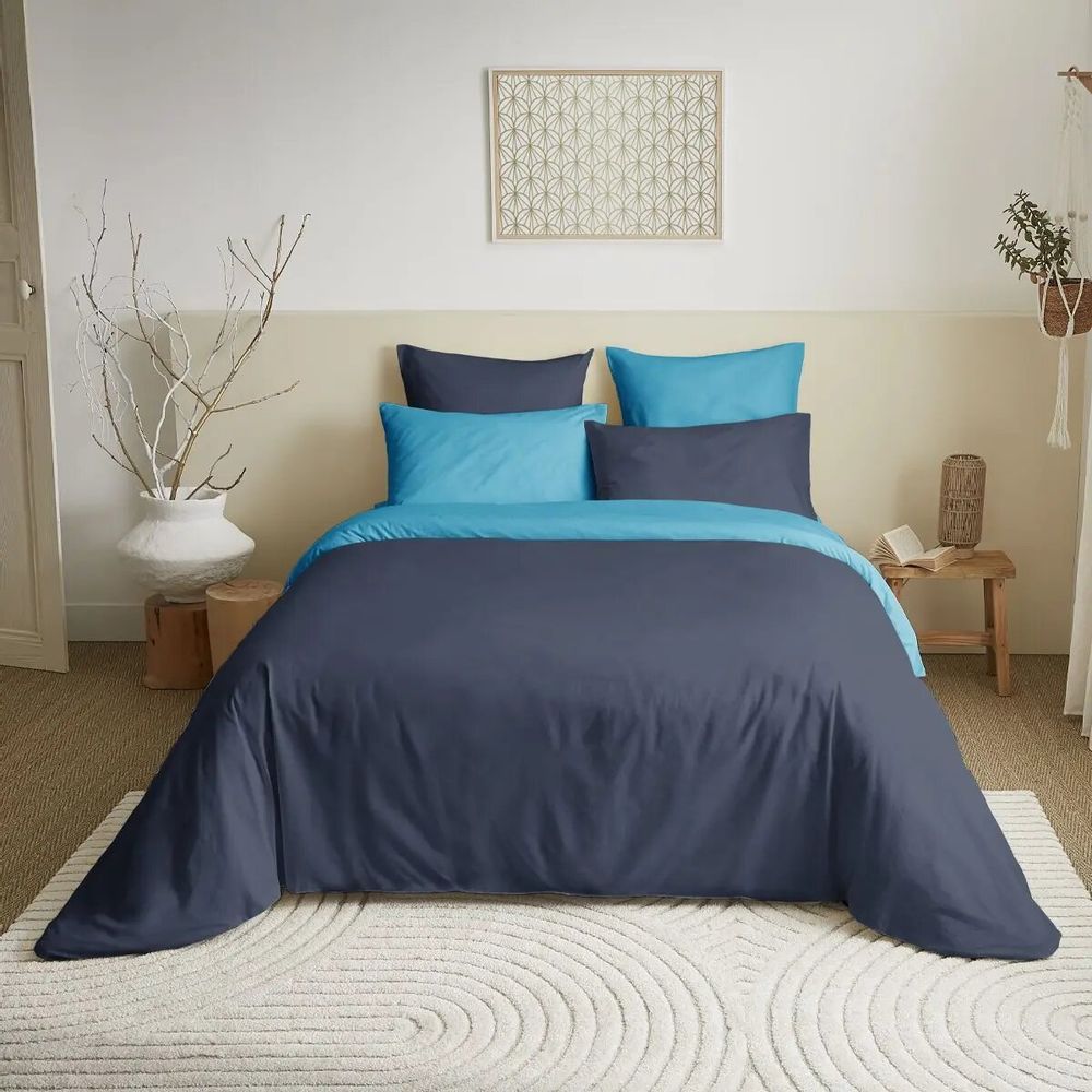 Linge de lit - Pack Complet Housse de couette Bicolore 240 x 260 cm - Drap housse 180 x 200 cm King Size - 100% Coton 57 Fils - COTON PUR