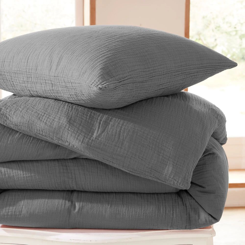 Linge de lit - Parure de Couette Gaze de Coton 140 x 200 cm + 1 Taie d'oreiller 65 x 65 cm Ardoise - COTON PUR