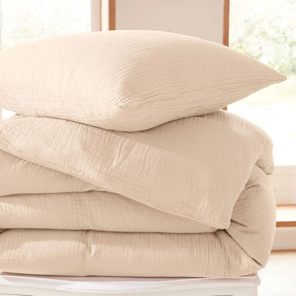 Linge de lit - Parure de Couette Gaze de Coton 260 x 240 cm + 2 Taies d'oreiller 65 x 65 cm Naturel - COTON PUR
