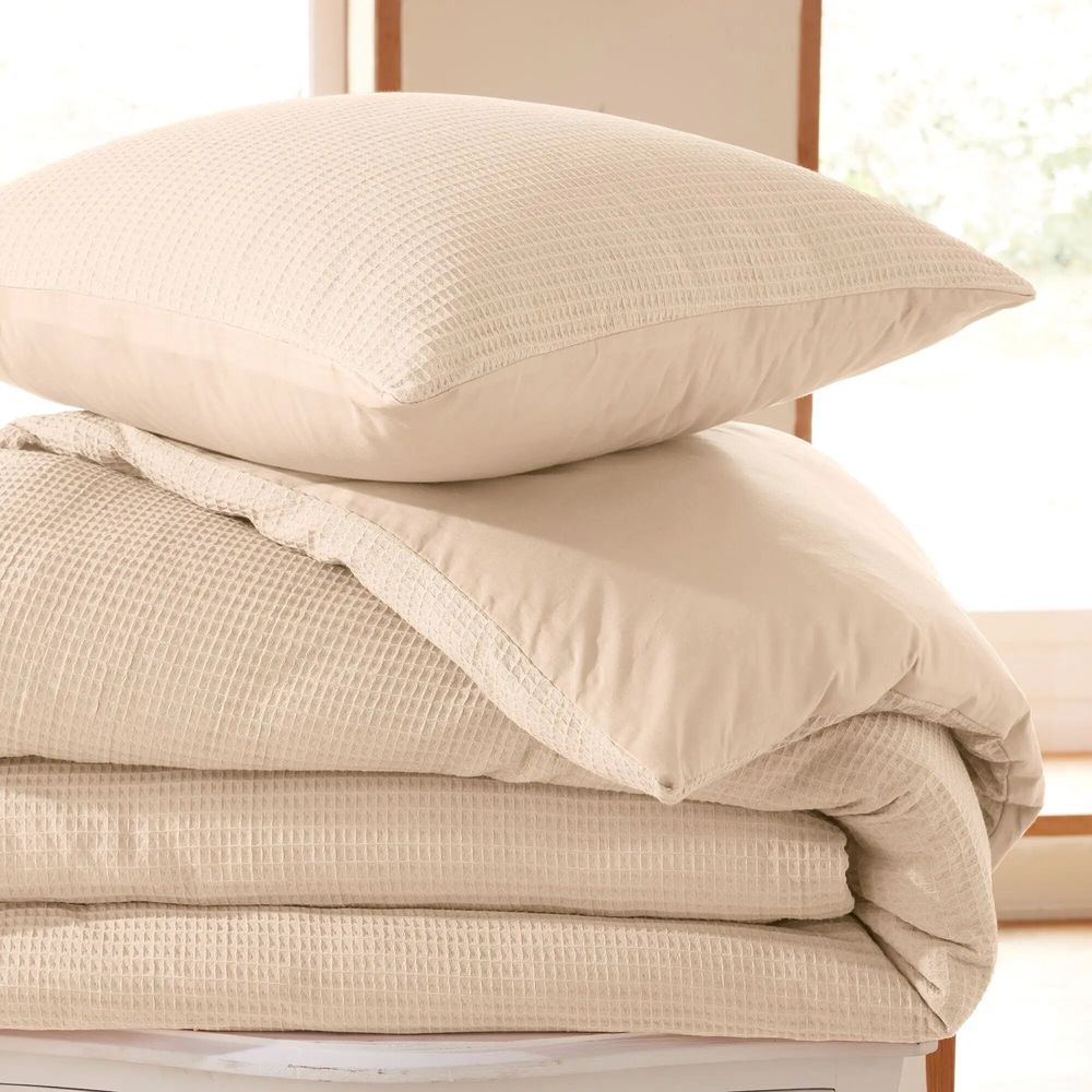 Linge de lit - Parure de couette 240x220cm + 2 taies d'oreiller 65X65cm nid d'abeille Naturel - COTON PUR