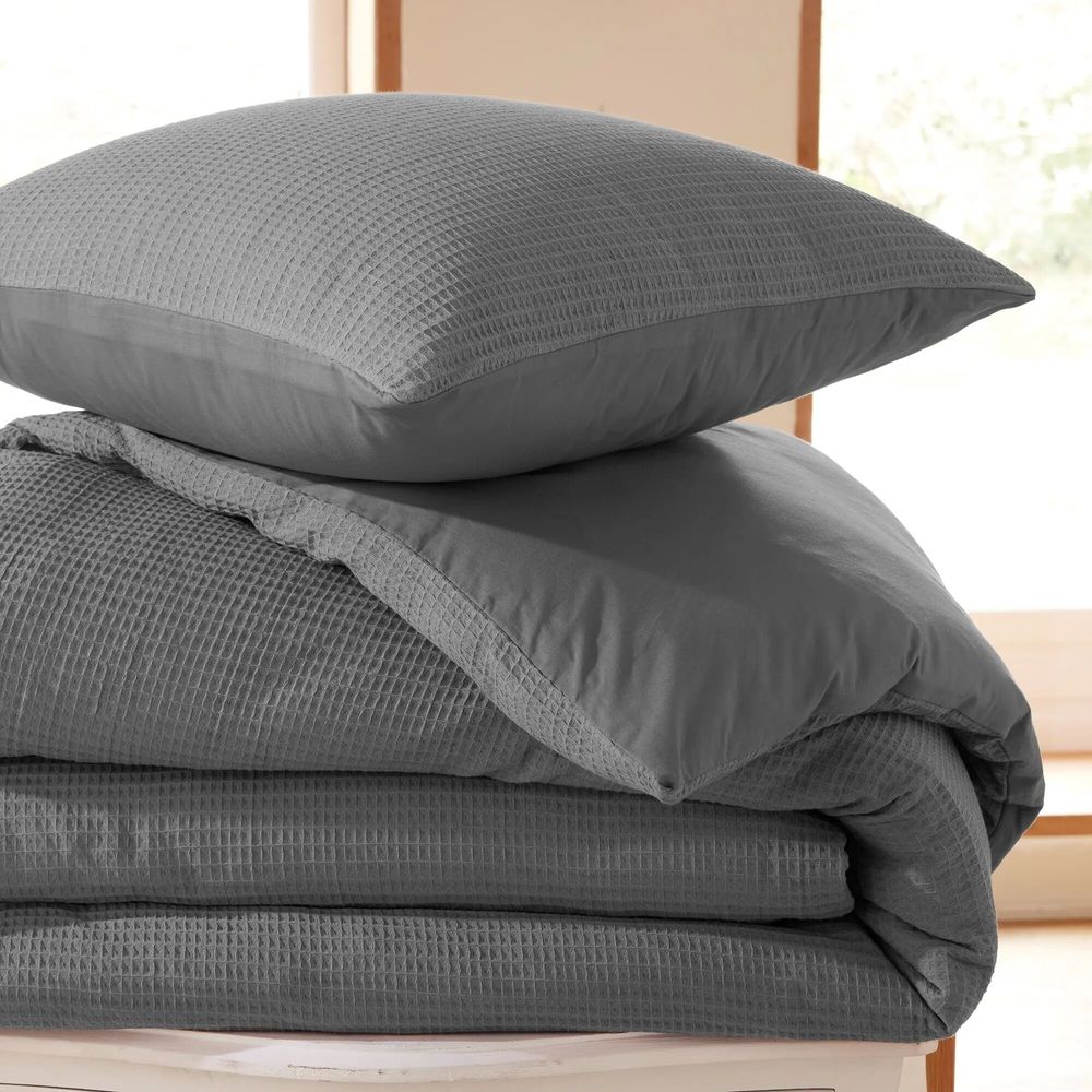 Linge de lit - Parure de couette 260x240cm + 2 taies d'oreiller 65X65cm nid d'abeille Ardoise - COTON PUR