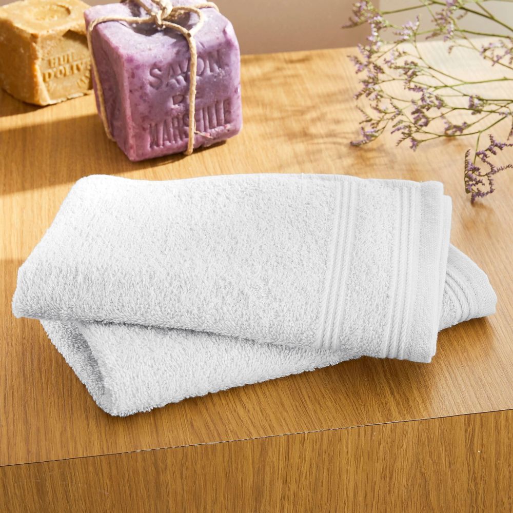Serviettes de bain - Lot de 2 Serviettes Invite Eponge 100% Coton "Spa" 30 x 50 cm Neige - COTON PUR