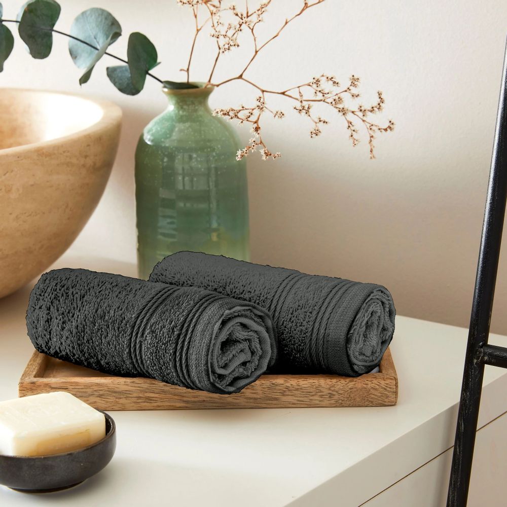 Serviettes de bain - Lot de 2 Serviettes Invite Eponge 100% Coton "Spa" 30 x 50 cm Ardoise - COTON PUR