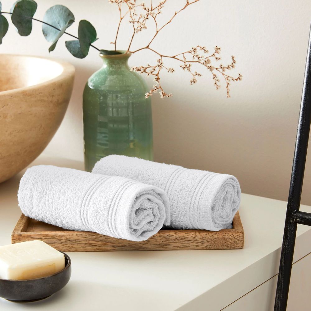 Serviettes de bain - Lot de 2 Serviettes Invite Eponge 100% Coton "Spa" 30 x 50 cm Neige - COTON PUR