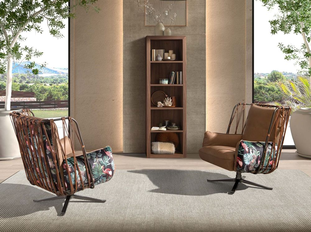 Fauteuils - Fauteuil pivotant en cuir et tissu marron imprimé - ANGEL CERDÁ