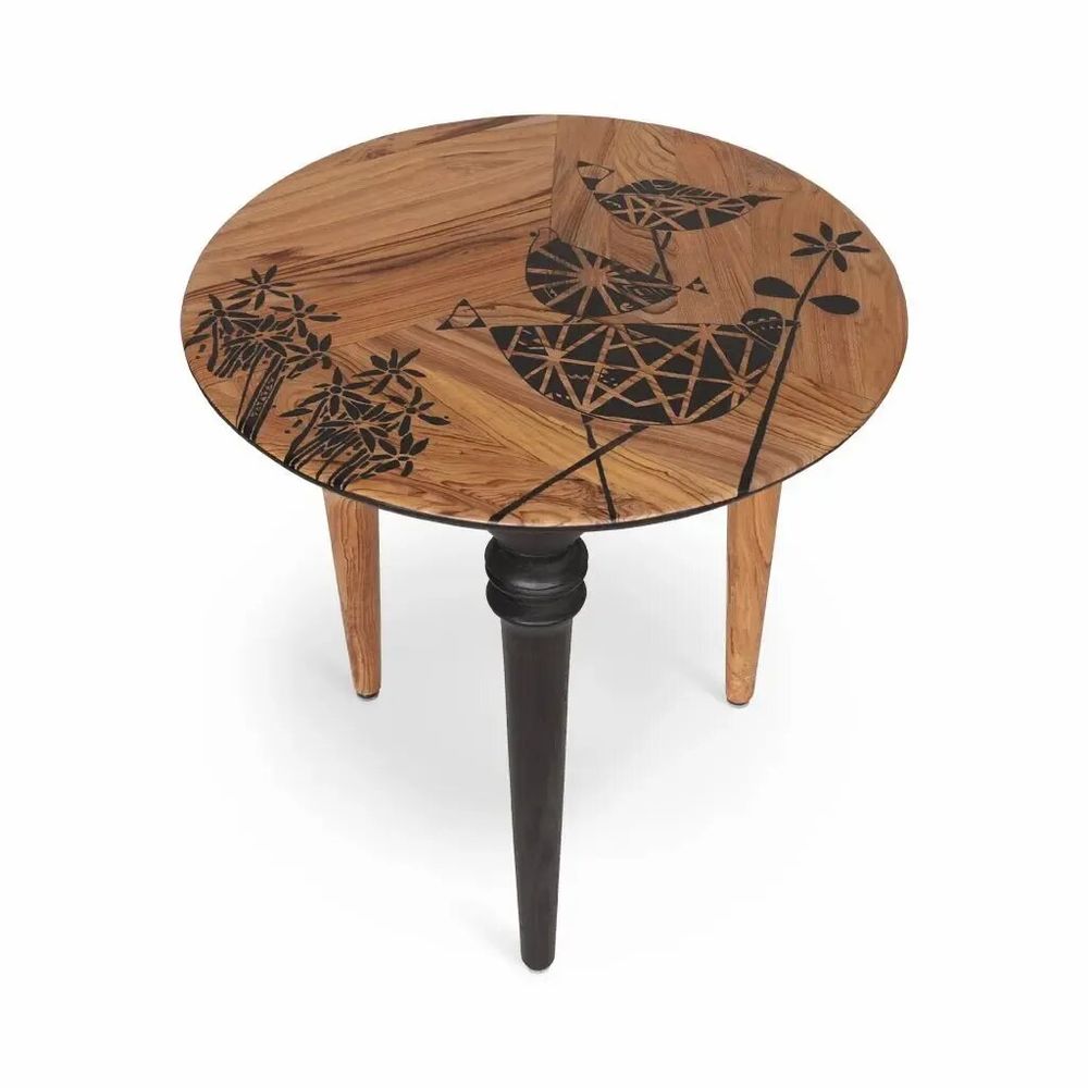 Other tables - Marami - Teakwood Side Table with Black Painting top - ALANKARAM