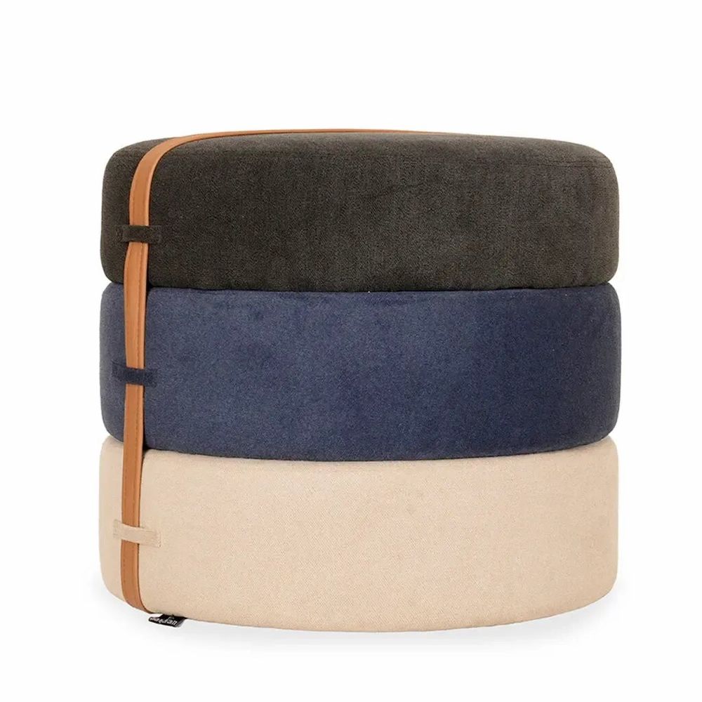 Ottomans - Pouffe - Round Ottoman with Cream, Blue, Black Fabric - ALANKARAM