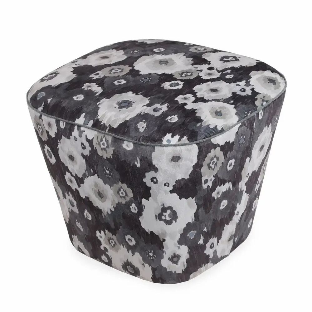 Ottomans - Pouffe - Square Pyramid Shaped Ottoman with Smoky Grey Printed Fabric - ALANKARAM