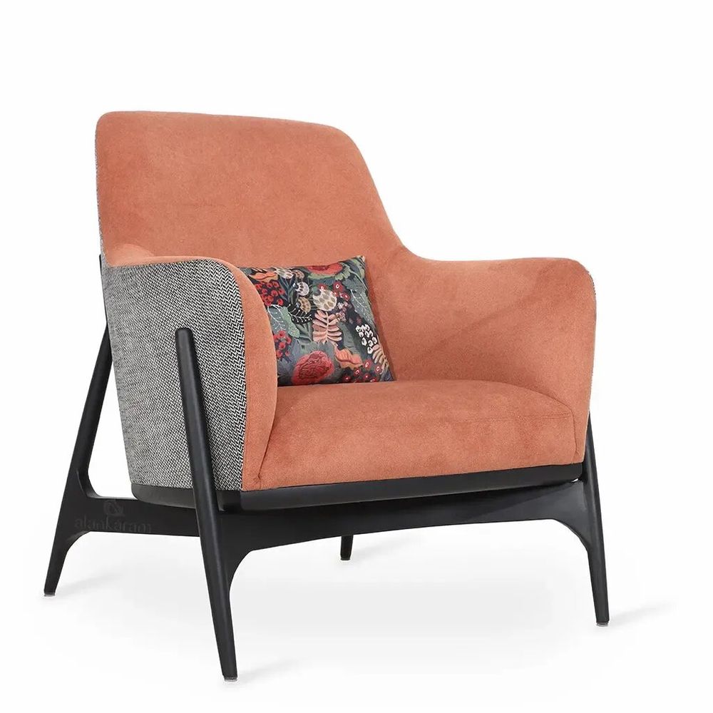 Chairs - Syva - Lounge Chair with Orange, Black Printed Fabric - ALANKARAM