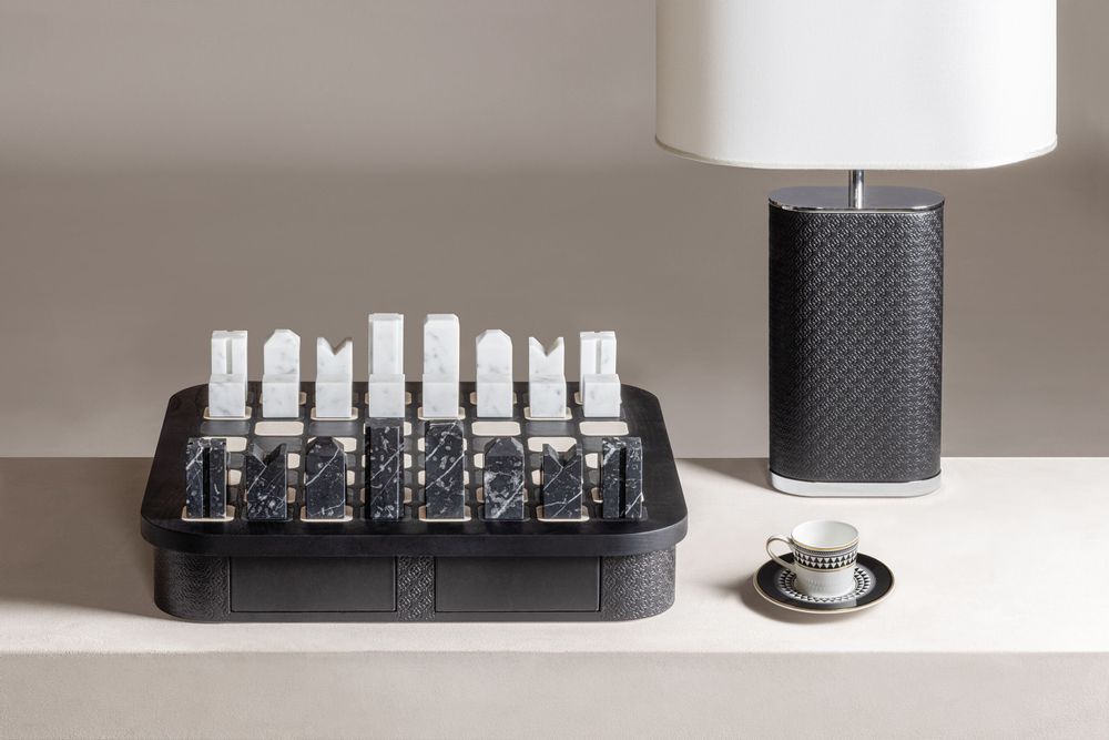 Design objects - Large Chess Set by Giobagnara in Monogram Leather and Marble - ELIE SAAB MAISON