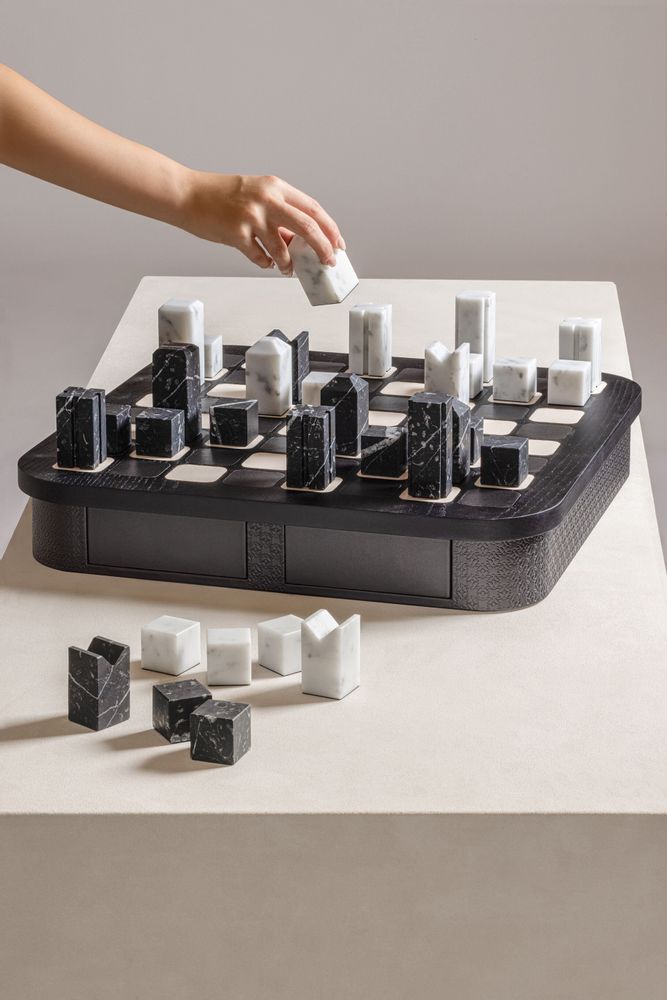 Design objects - Large Chess Set by Giobagnara in Monogram Leather and Marble - ELIE SAAB MAISON