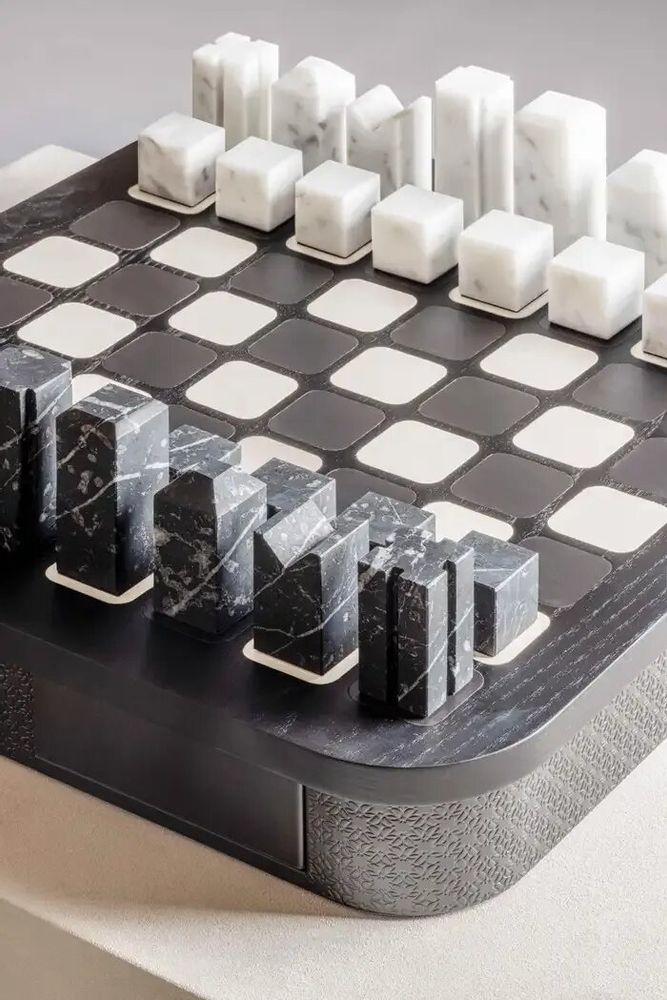 Design objects - Large Chess Set by Giobagnara in Monogram Leather and Marble - ELIE SAAB MAISON