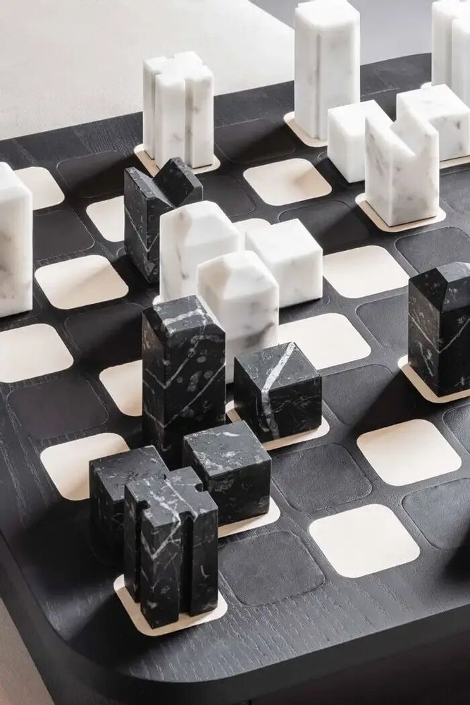 Design objects - Large Chess Set by Giobagnara in Monogram Leather and Marble - ELIE SAAB MAISON