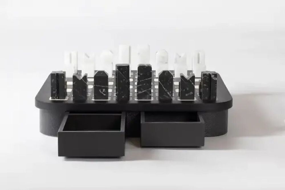 Design objects - Large Chess Set by Giobagnara in Monogram Leather and Marble - ELIE SAAB MAISON