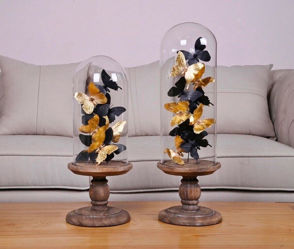 Objets de décoration - S/2 ASS.DE PAPILLONS NOIR/GOLD SOUS GLOBE - FANCY