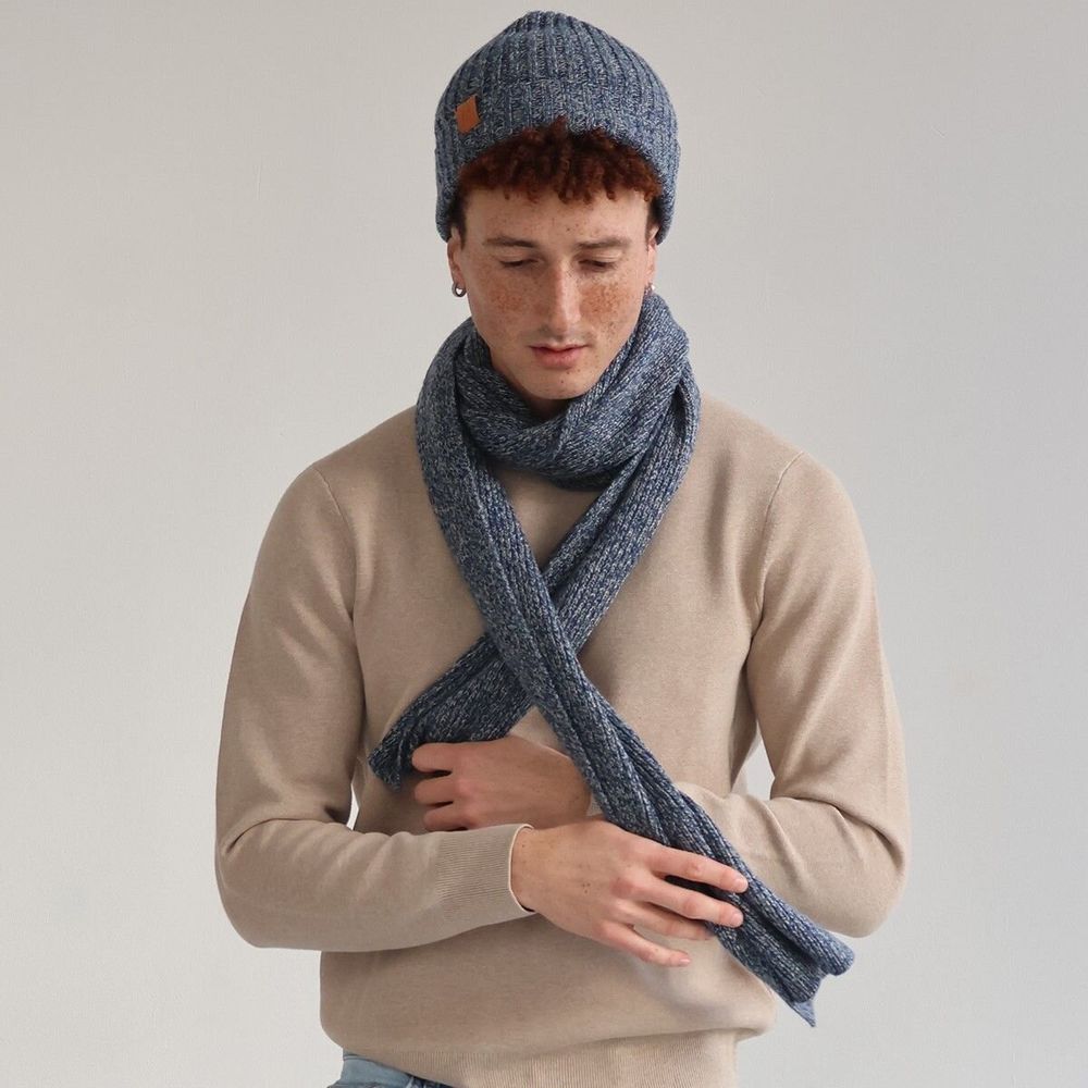 Foulards et écharpes - Coffret cadeau écharpe & bonnet en laine JEFF & JACK bleu chiné - MONSIEUR CHARLI