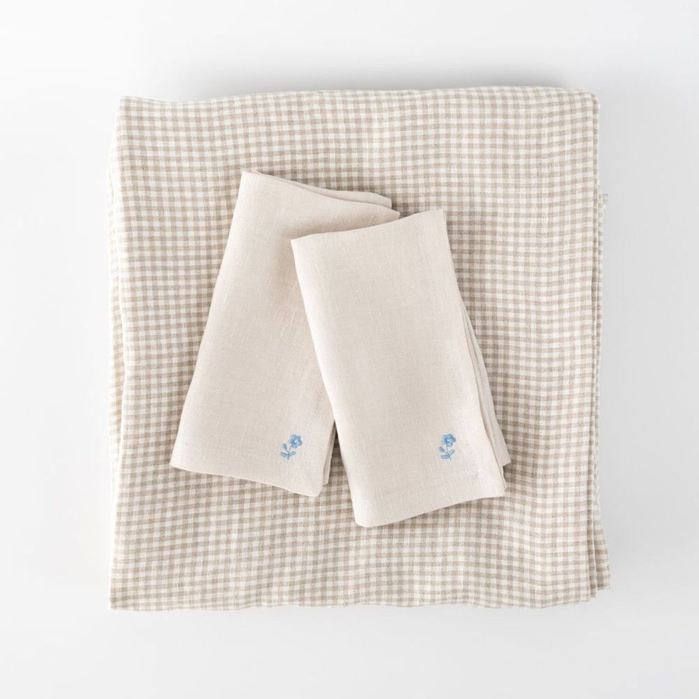 Table linen - Beige Linen Gingham Tablecloth 140 x 180 cm - OURY HOME