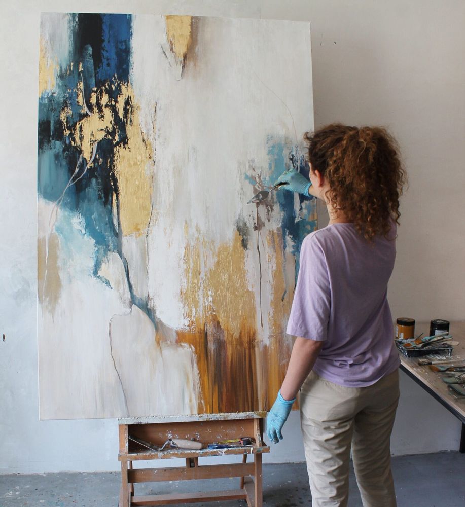 Paintings - Original handmade abstract painting in gray blue gold named "Flow" - MATISS ART STUDIO