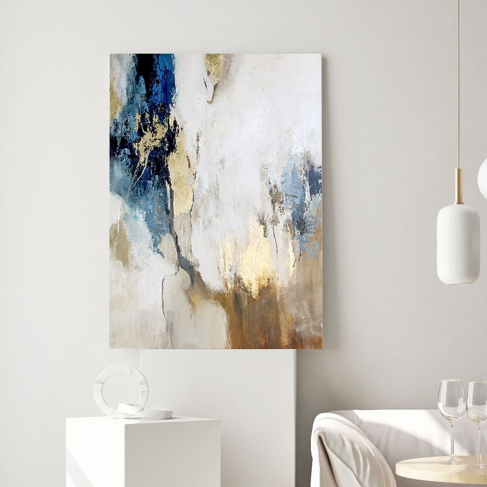 Paintings - Original handmade abstract painting in gray blue gold named "Flow" - MATISS ART STUDIO