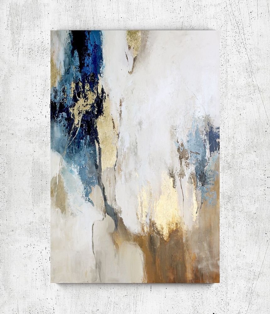 Paintings - Original handmade abstract painting in gray blue gold named "Flow" - MATISS ART STUDIO