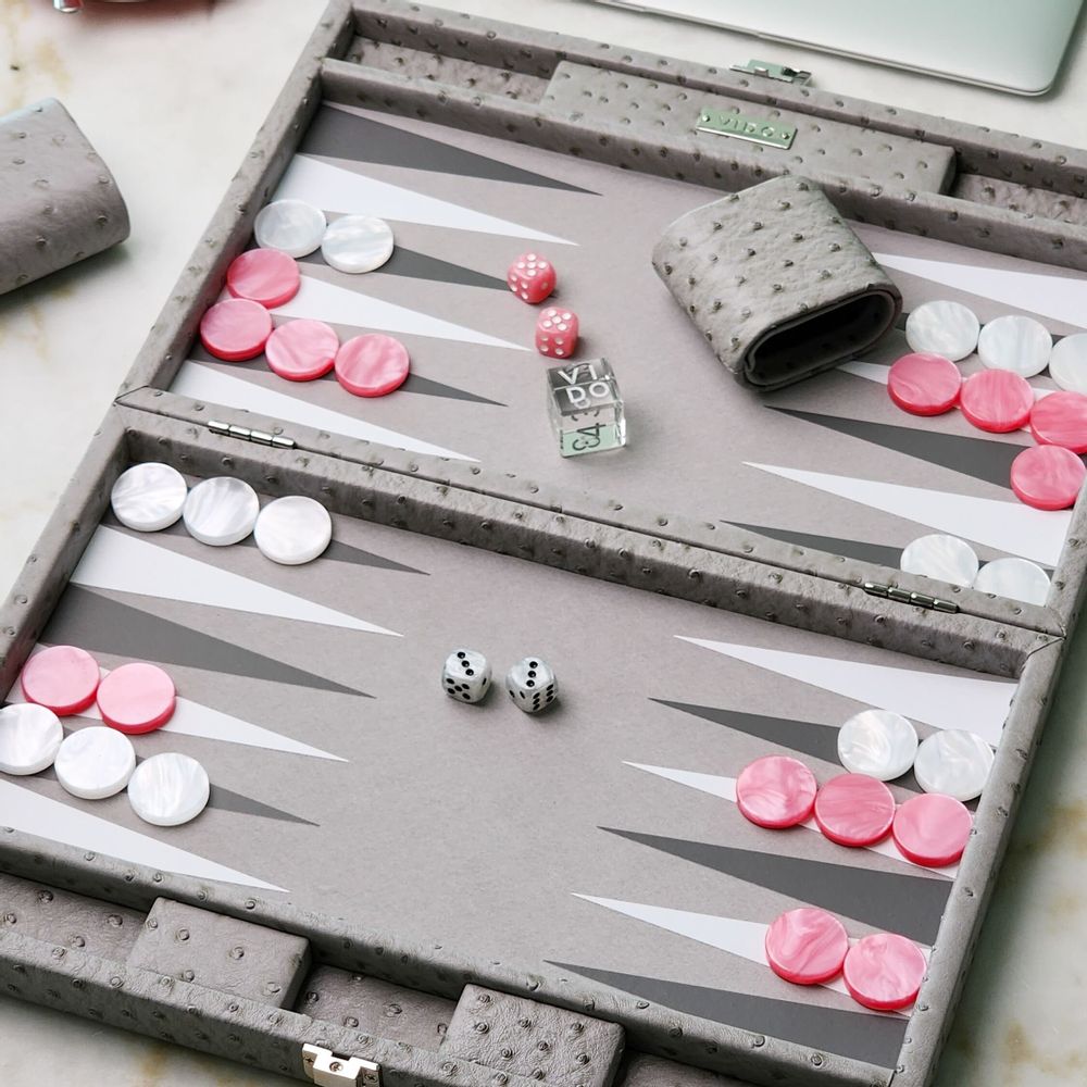 Apparel - Backgammon Set Grey - Ostrich Vegan Leather - Large - VIDO LUXURY BOARD GAMES