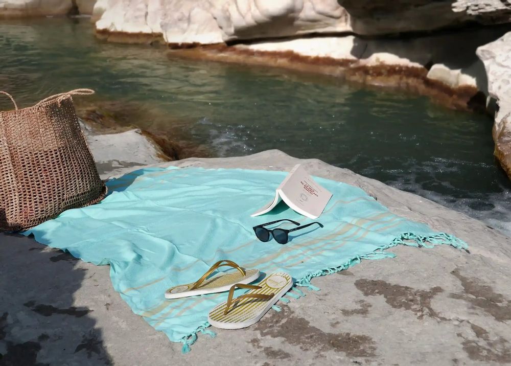 Serviettes de bain - FOUTA TISSÉE EN COTON BIOLOGIQUE - COLLECTION GARDEN - COULEUR TURKUAZ - KARAWAN AUTHENTIC