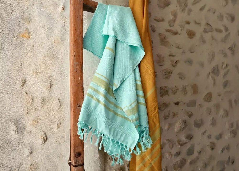 Serviettes de bain - FOUTA TISSÉE EN COTON BIOLOGIQUE - COLLECTION GARDEN - COULEUR TURKUAZ - KARAWAN AUTHENTIC