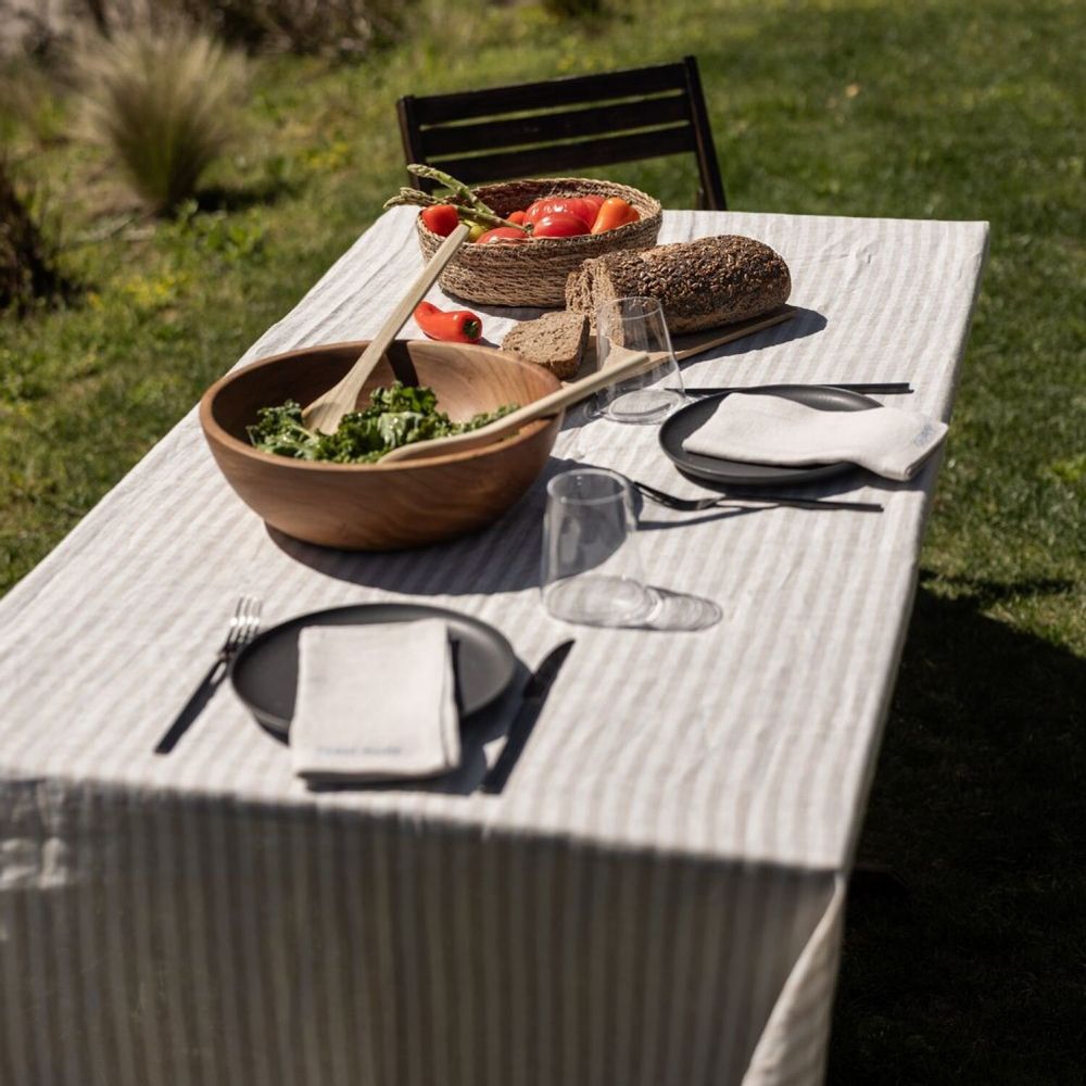 Linge de table textile - Nappe en lin beige à rayures 100 x 100 cm - OURY HOME