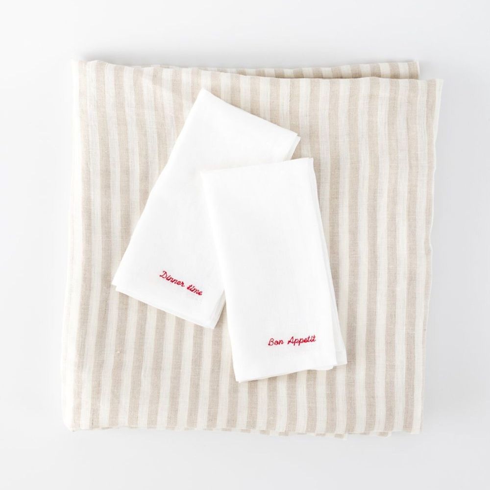 Table linen - Beige Linen Stripes Tablecloth 140 x 260 cm - OURY HOME