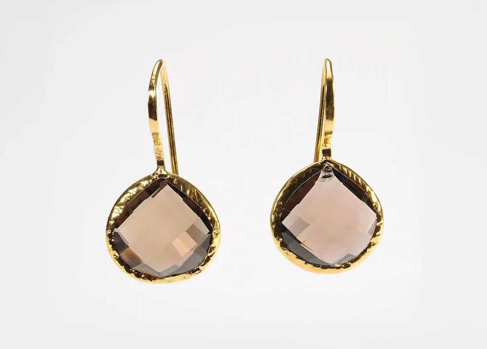 Bijoux - BOUCLES D'OREILLES PLAQUÉ OR "DROP" QUARTZ FUMÉ - KARAWAN AUTHENTIC