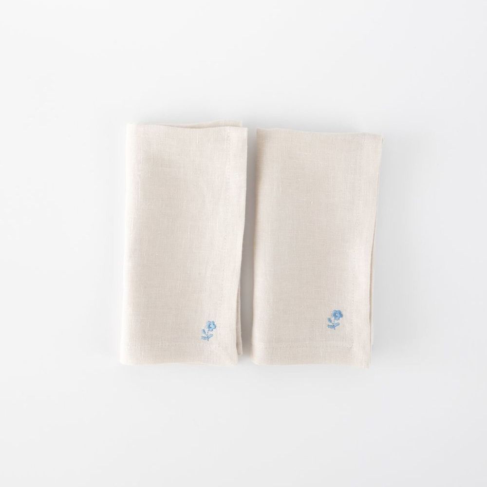 Linge de table textile - Serviettes en lin beige (lot de 2) — Broderie florale - OURY HOME