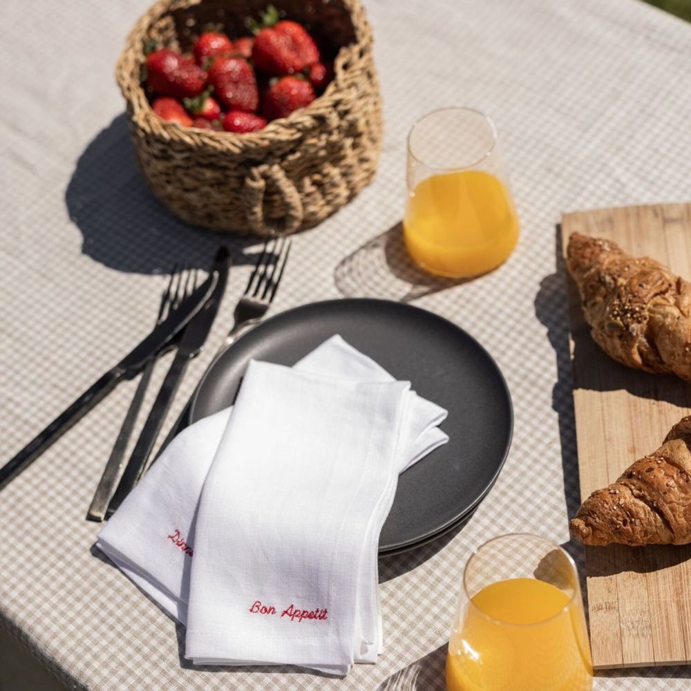 Linge de table textile - Serviettes en lin brodées (lot de 2) — “Bon Appétit” & “Dinner Time” - OURY HOME